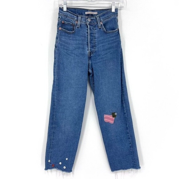 Levis High Waist Jeans Womens 24 Ribcage Straight Leg Denim Embellished Buttons - Picture 1 of 10